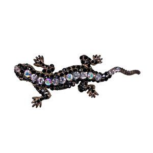 Salamander Brooch Pin Black Clear Green Rhinestones Gold-Tone Locking C-Clasp